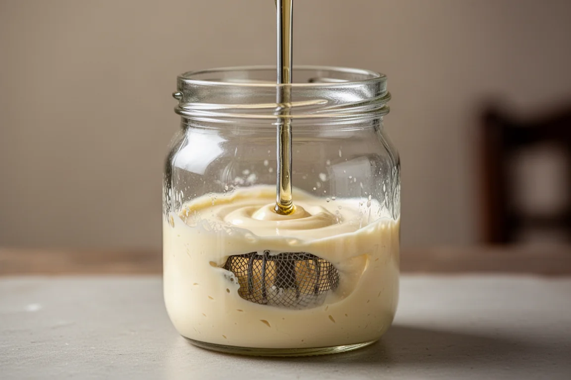 Hausgemachte Mayonnaise dickt in einem Glas-Macheraufsatz ein
