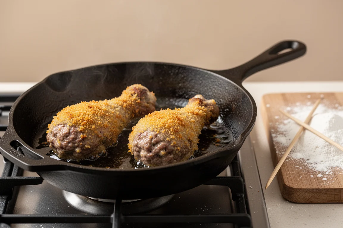 Panierte Keulen aus Formfleisch braten in der Pfanne goldbraun