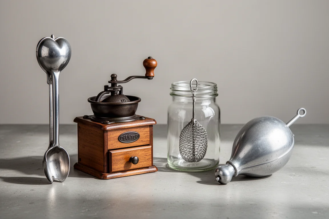 Four antique kitchen gadgets including an ice cream disher, coffee grinder, mayonnaise maker and meat mold on a concrete surface