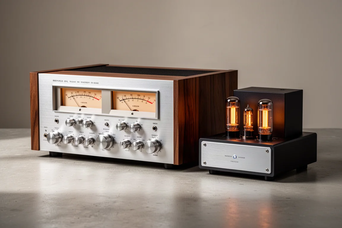 Vintage silver-faced receiver beside a compact tube amplifier on a concrete surface