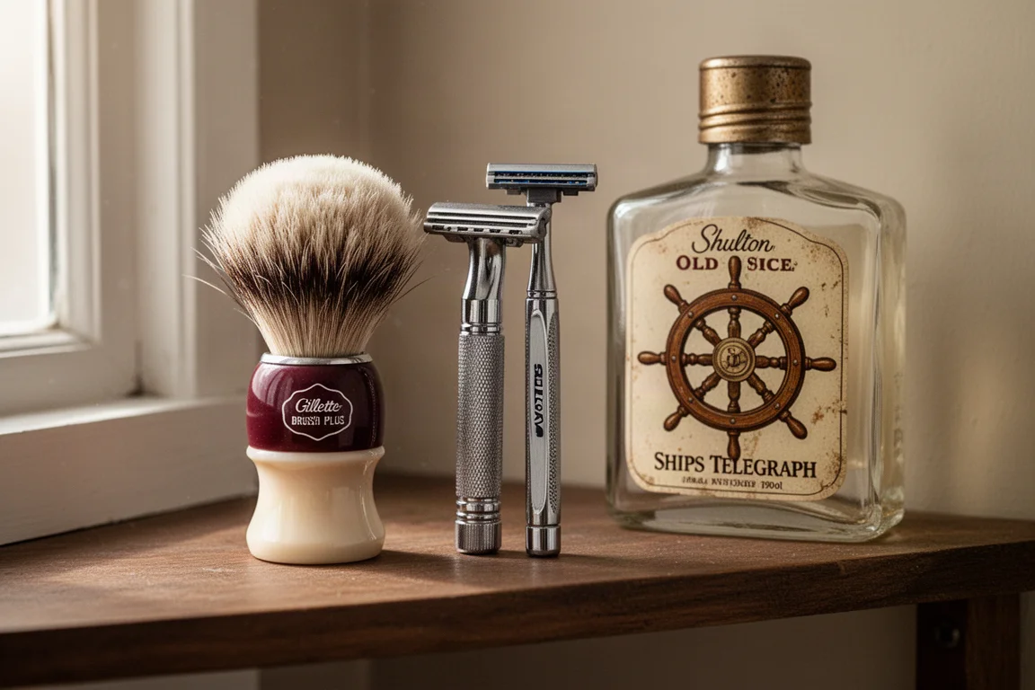 木架上陳列著復古吉列 Brush Plus、ATRA 刮鬍刀與 Old Spice 船用電報機造型醒酒瓶
