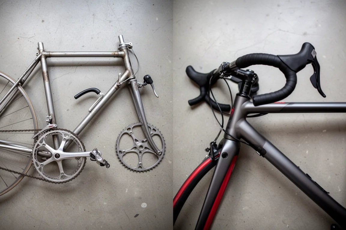 Vue de dessus comparant un levier de dérailleur vintage sur tube diagonal et un levier de vitesses moderne au guidon