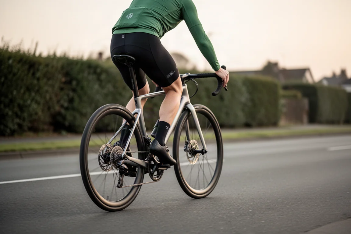 Cycliste roulant sur un vélo de route moderne en aluminium sur une route de banlieue dégagée dans une lumière douce
