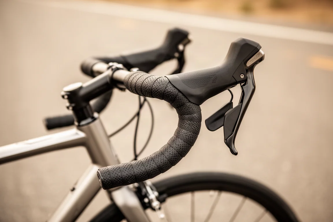 Gros plan sur le ruban de guidon d'un vélo de route moderne et sur une cocotte de frein intégrée