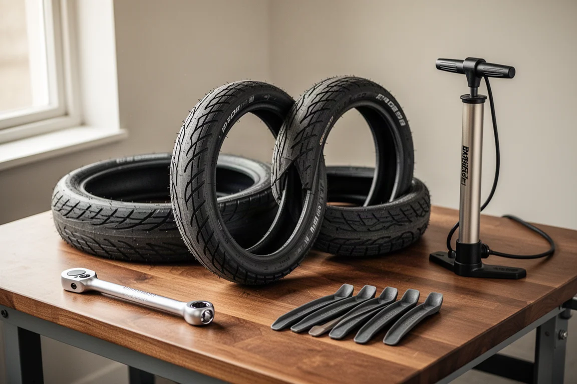 Pneus de route, pompe à pied et outils d'atelier disposés sur un établi en bois brossé