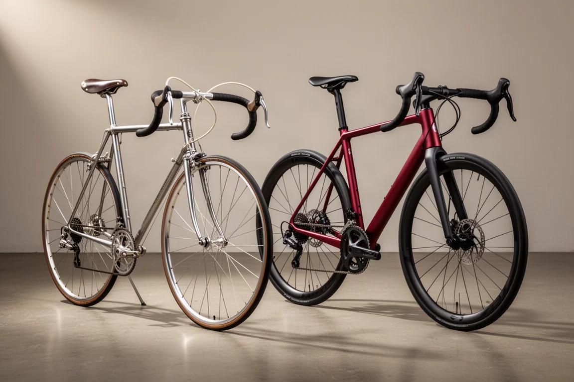 Vintage stalen racefiets en moderne aluminium racefiets naast elkaar op beton
