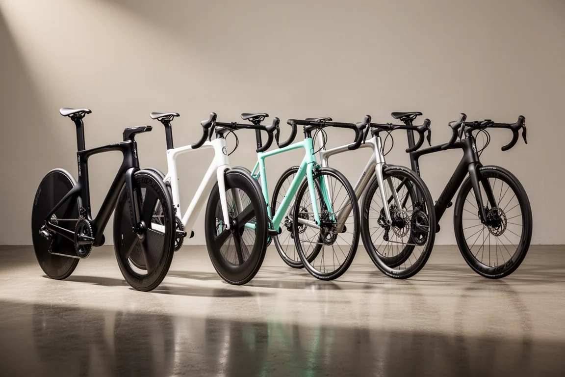 スタジオに並べられたヴィンテージと現代のエアロ・レーシングバイクの列