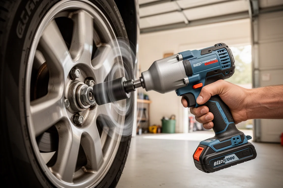 Modern batteridriven slagnyckel som drar åt en stor bult på en bilnav