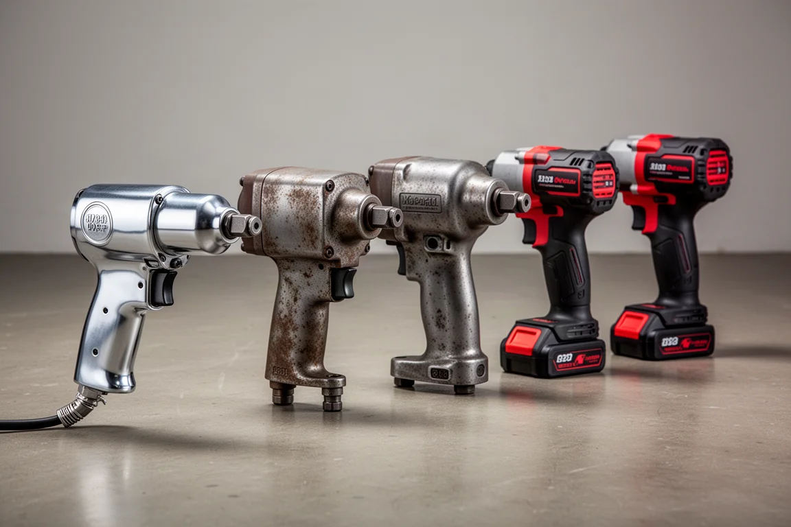 Five impact wrenches from vintage to modern lined up on a concrete floor