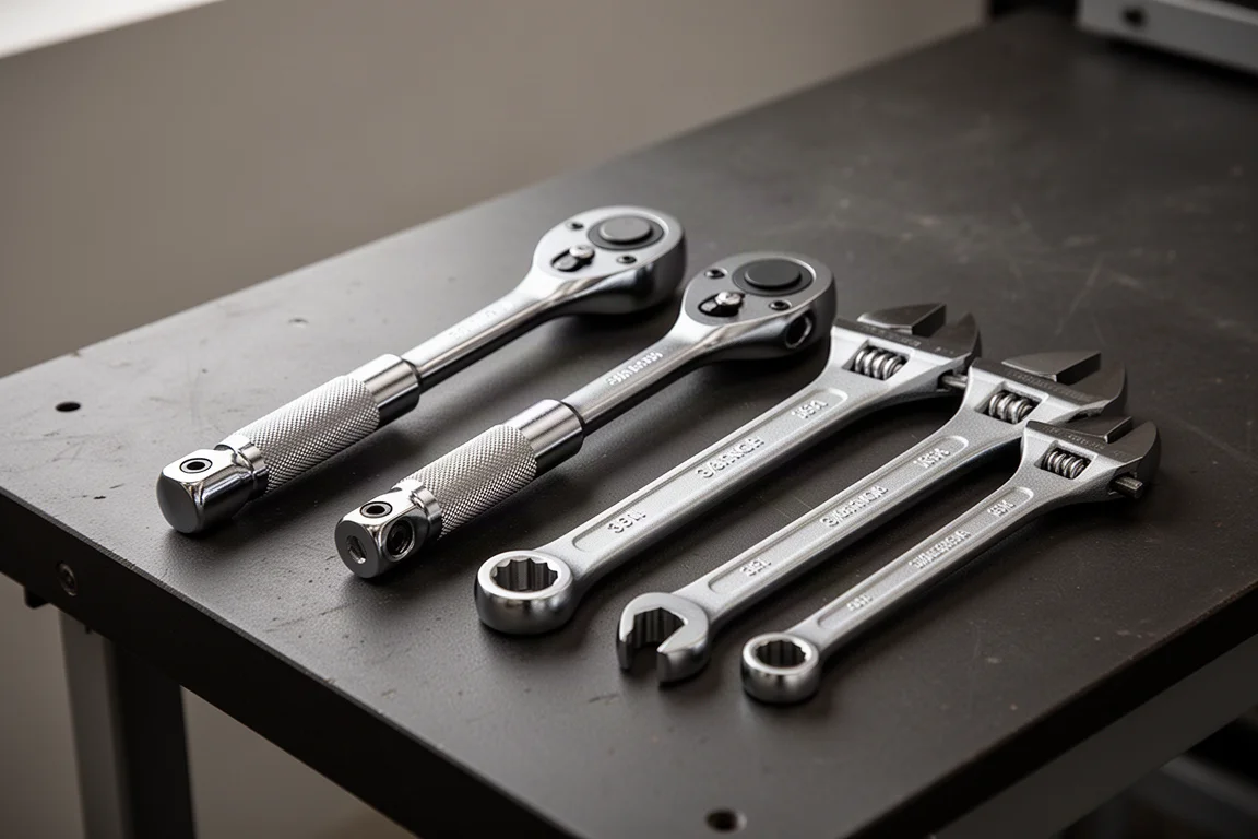 Ratchets and adjustable wrenches arranged on a dark workbench