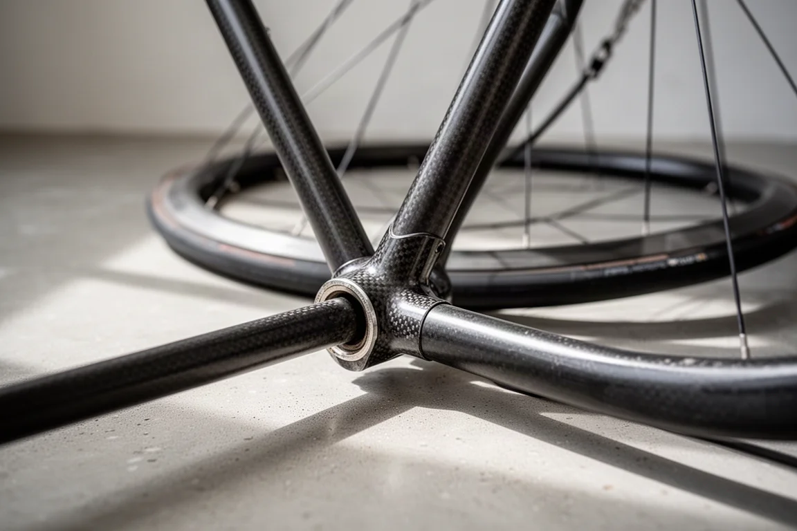 Detail eines Vintage-Carbon-Rennrahmens mit Übergängen von Rohr zu Muffe und flacher Felge