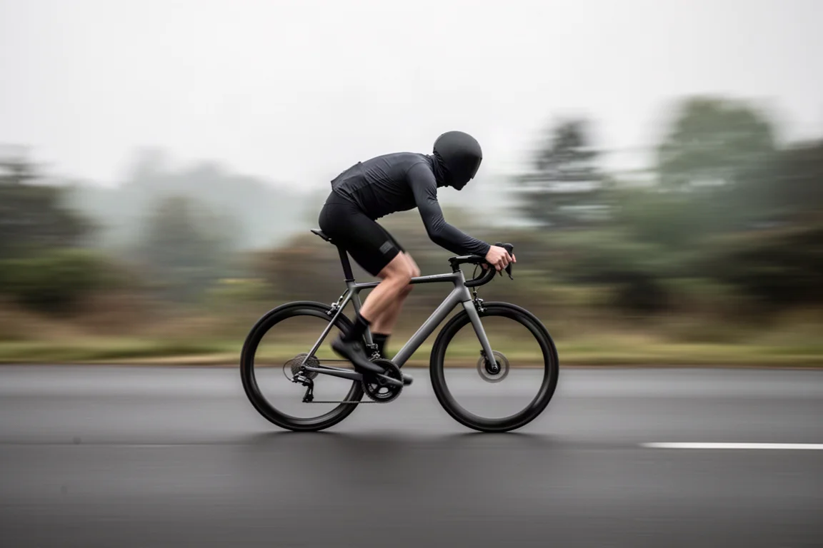 Rennradfahrer fährt auf glattem Asphalt bergab, Bewegungsunschärfe im Hintergrund