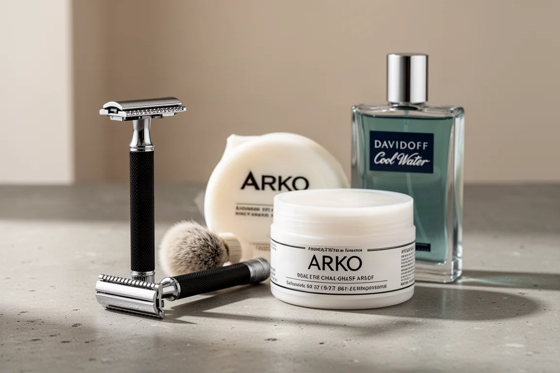 Gillette Flare Tip 刮鬍刀、Arko 刮鬍皂罐與 Davidoff Cool Water 瓶裝擺放在水泥表面上