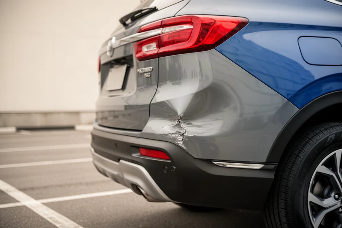 Rear bumper of a parked SUV with visible collision damage near the tail light