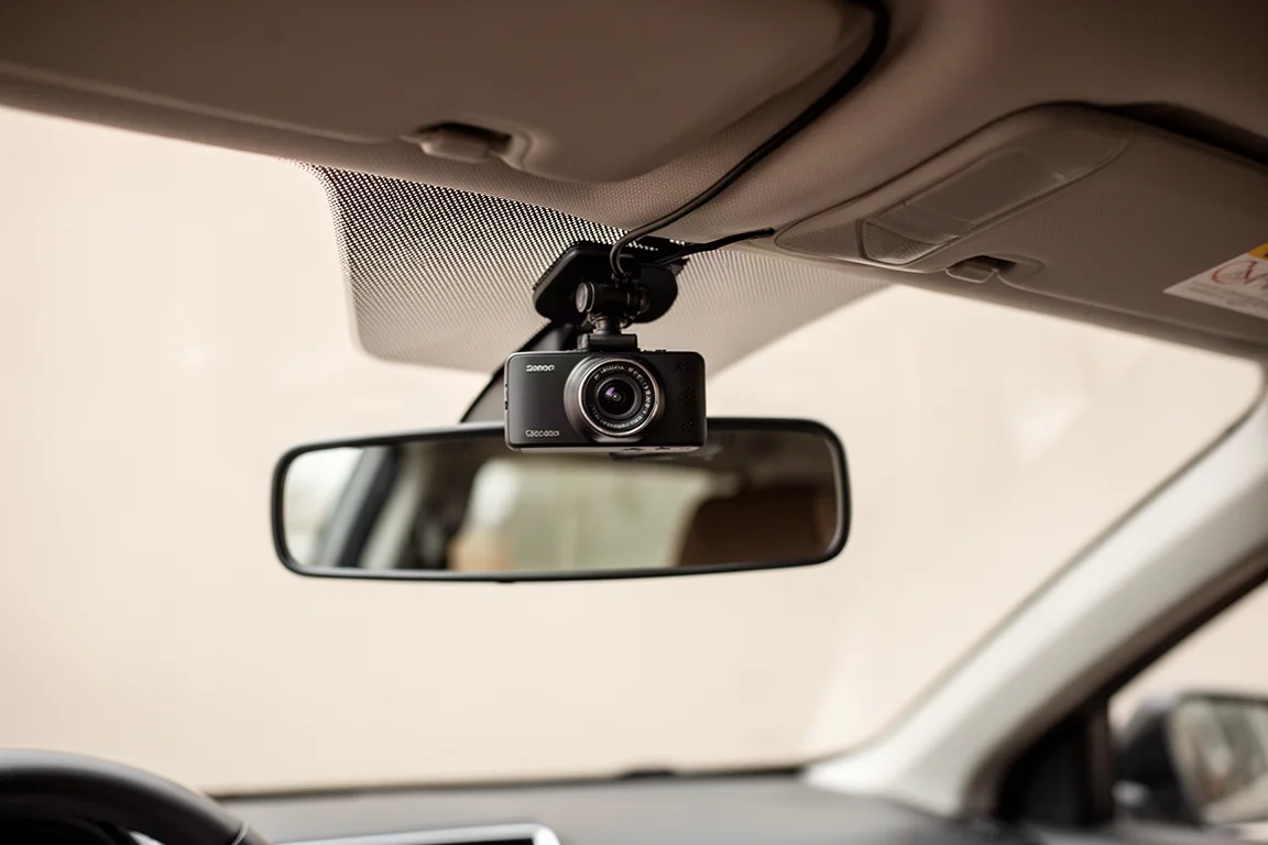 Dash cam mounted on a windshield with a rear camera cable running along the headliner