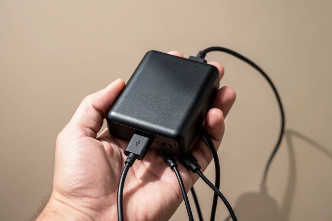 Hand holding a compact dash cam battery pack with charging cables