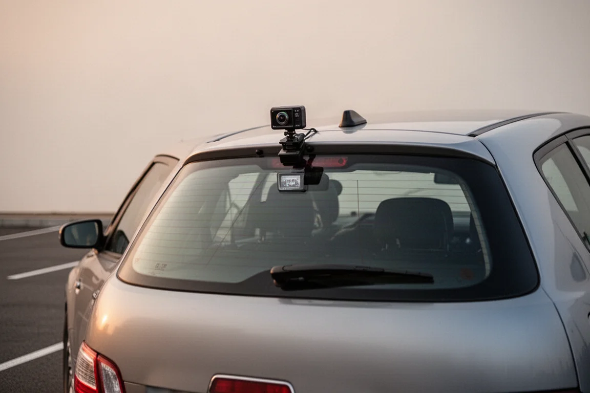 Rear view of a car in a parking lot with a dash cam recording from the rear window