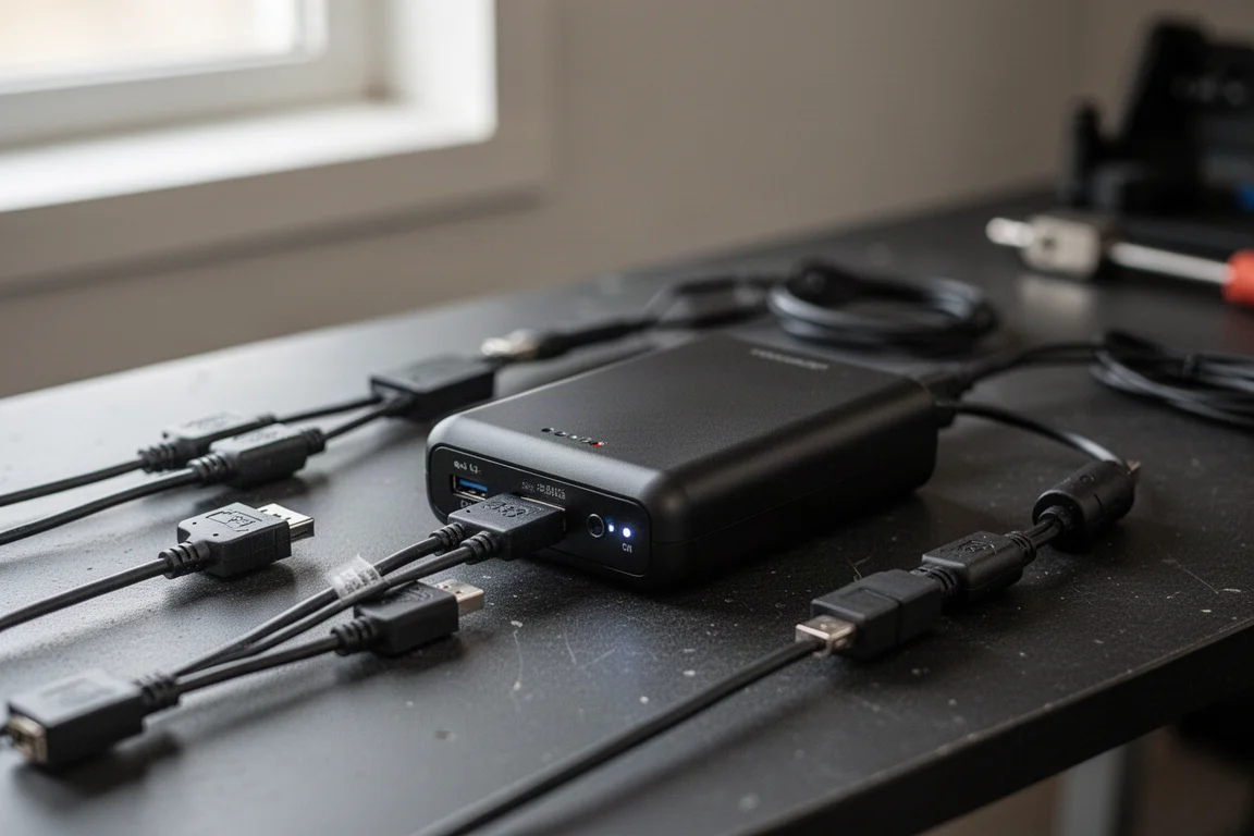 Close-up of a dash cam battery pack with multiple cables and connectors on a workbench