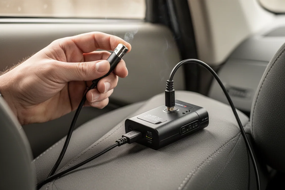 Hand holding a cigarette lighter cable connected to a dash cam battery pack