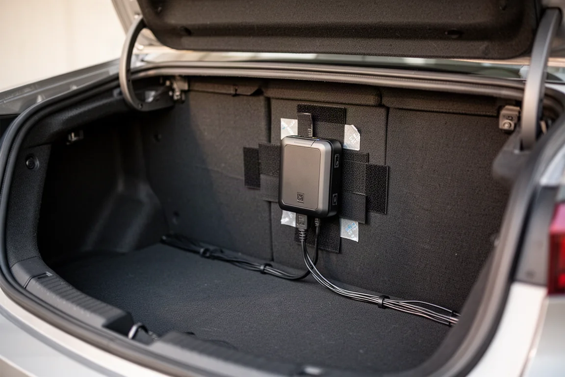 Dash cam battery pack mounted in a car trunk with wiring neatly secured