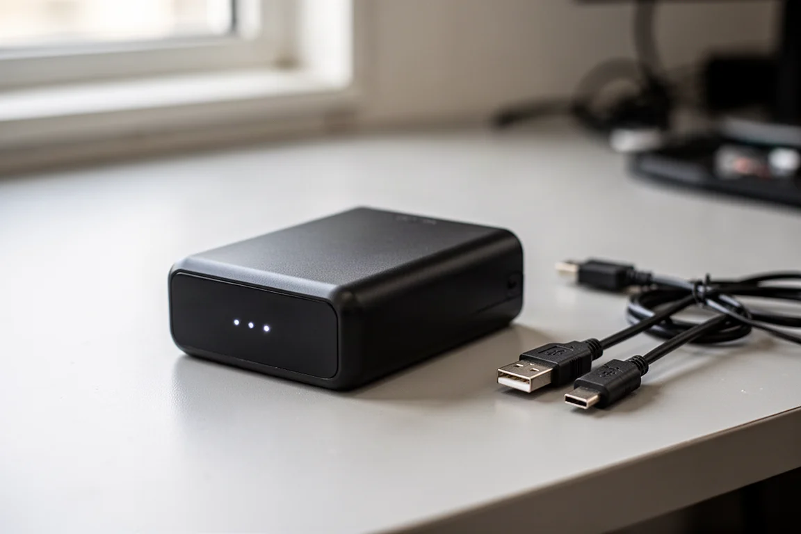 Compact dash cam expansion battery pack with LED indicators on a workbench