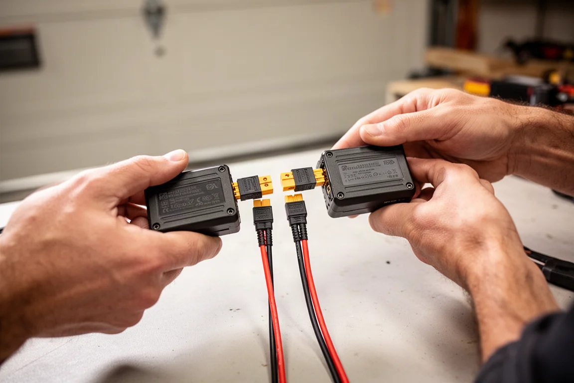 Hands connecting two battery packs together with matching connectors