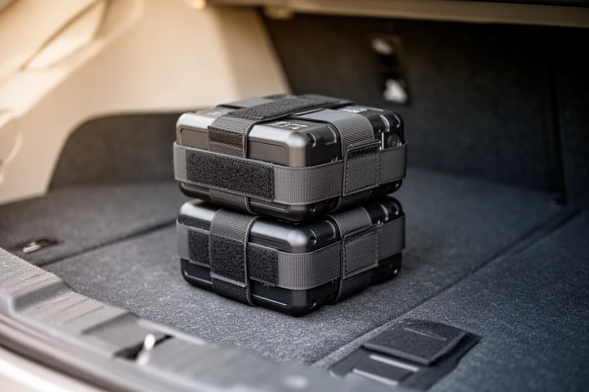 Two battery packs stacked together with Velcro strips in a car trunk
