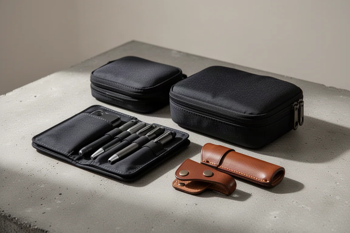 Assortment of Viperade EDC pouches and a leather sheath on a concrete surface