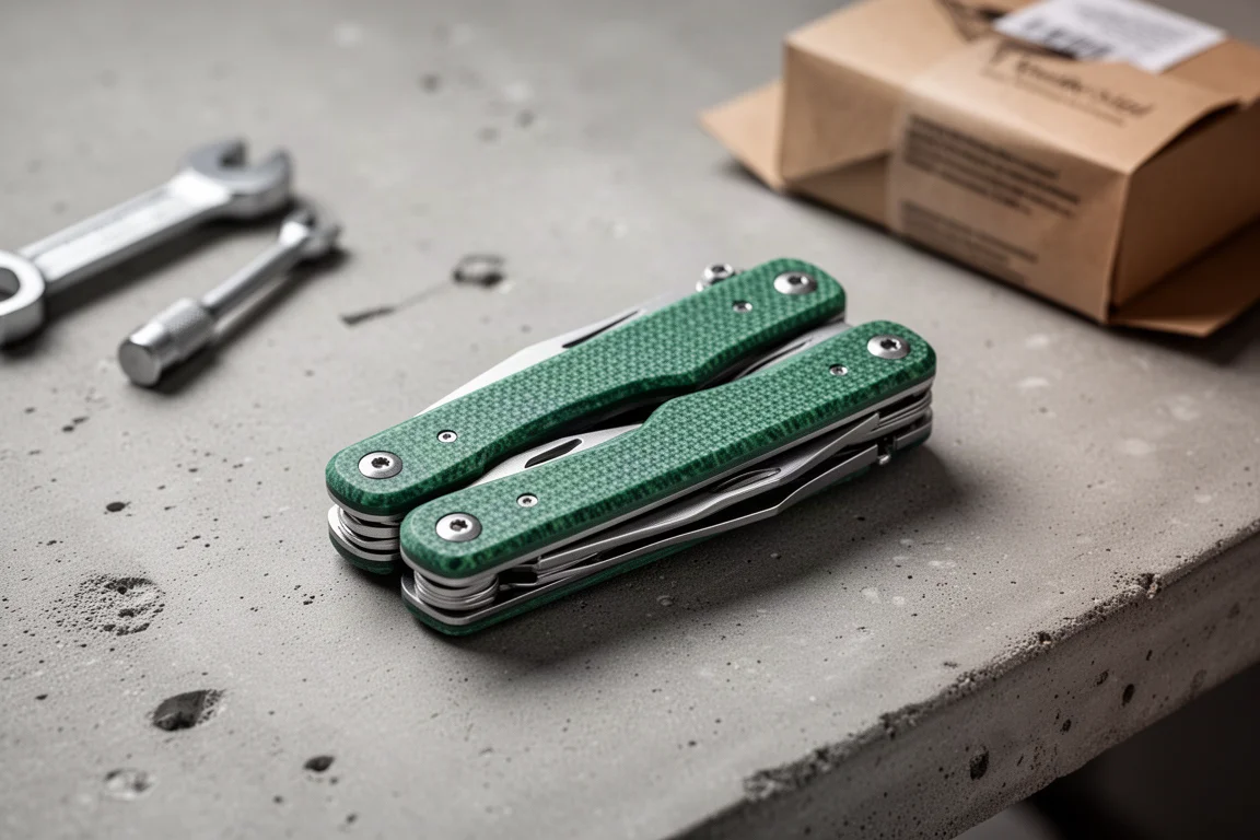 Vikbart multiverktyg med jade G10-skal på en betongbänk med handverktyg i närheten
