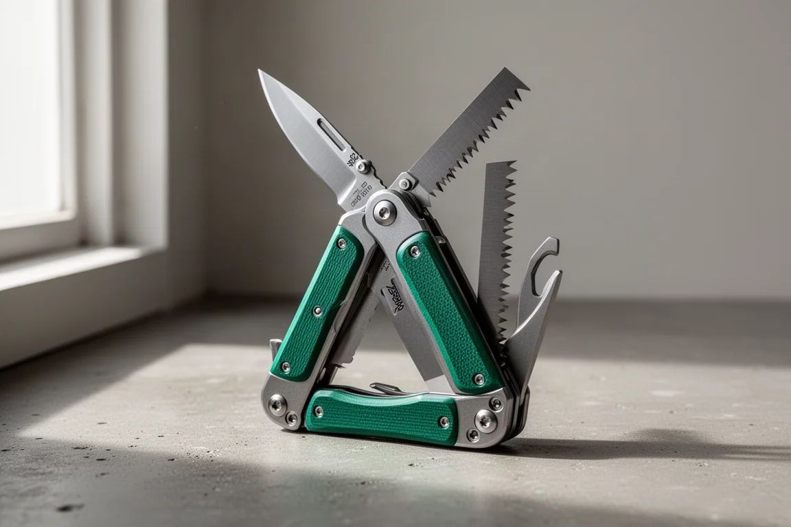 Viperade VAC 7 multi-tool with jade G10 scales partially open on a concrete surface