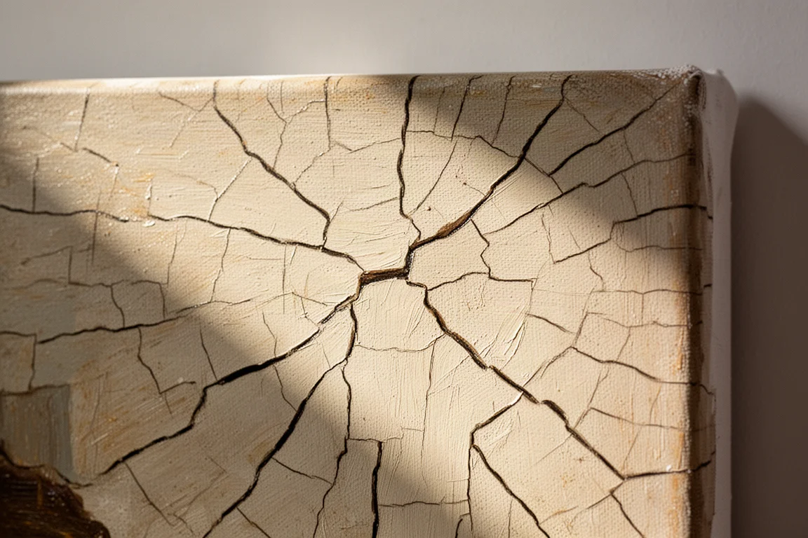 Primer plano de la superficie de un lienzo pintado cubierta de fina textura agrietada