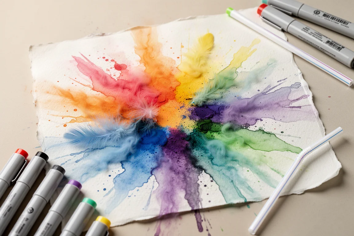 Pigmentos de acuarela sangrando en papel húmedo durante una técnica de pintura soplada