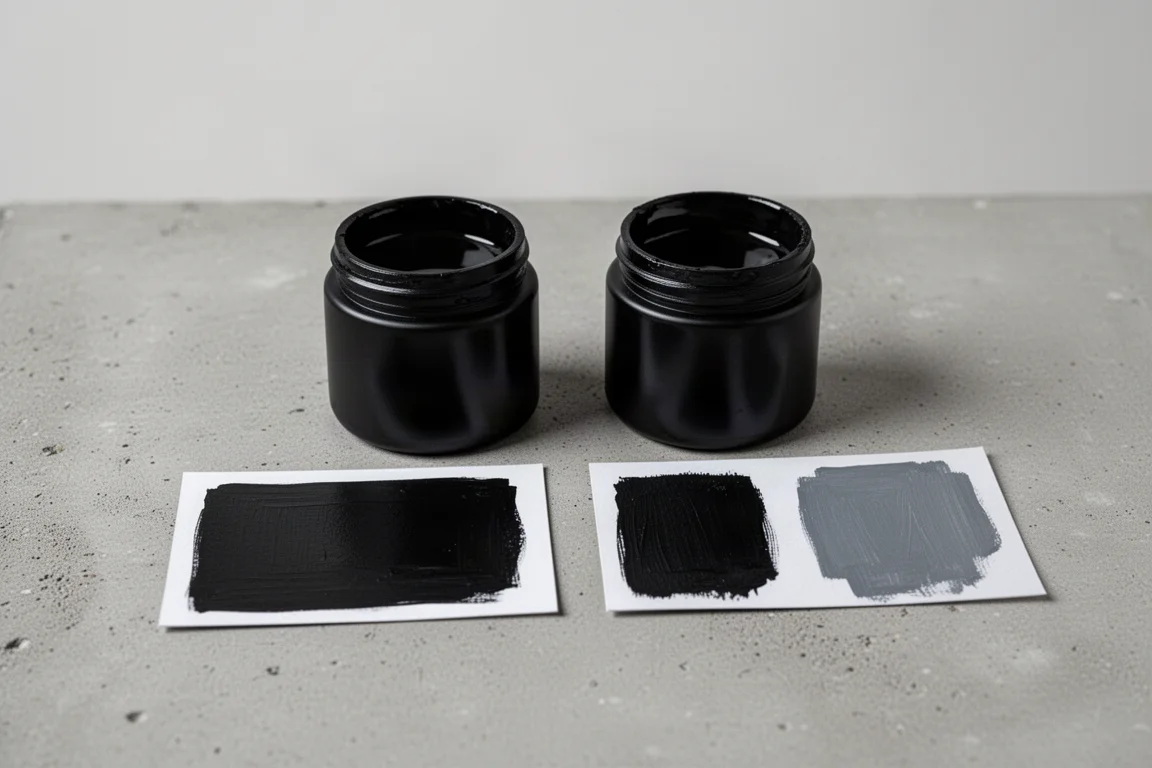 Botes de pintura negra mate profunda junto a una muestra que parece un vacío negro