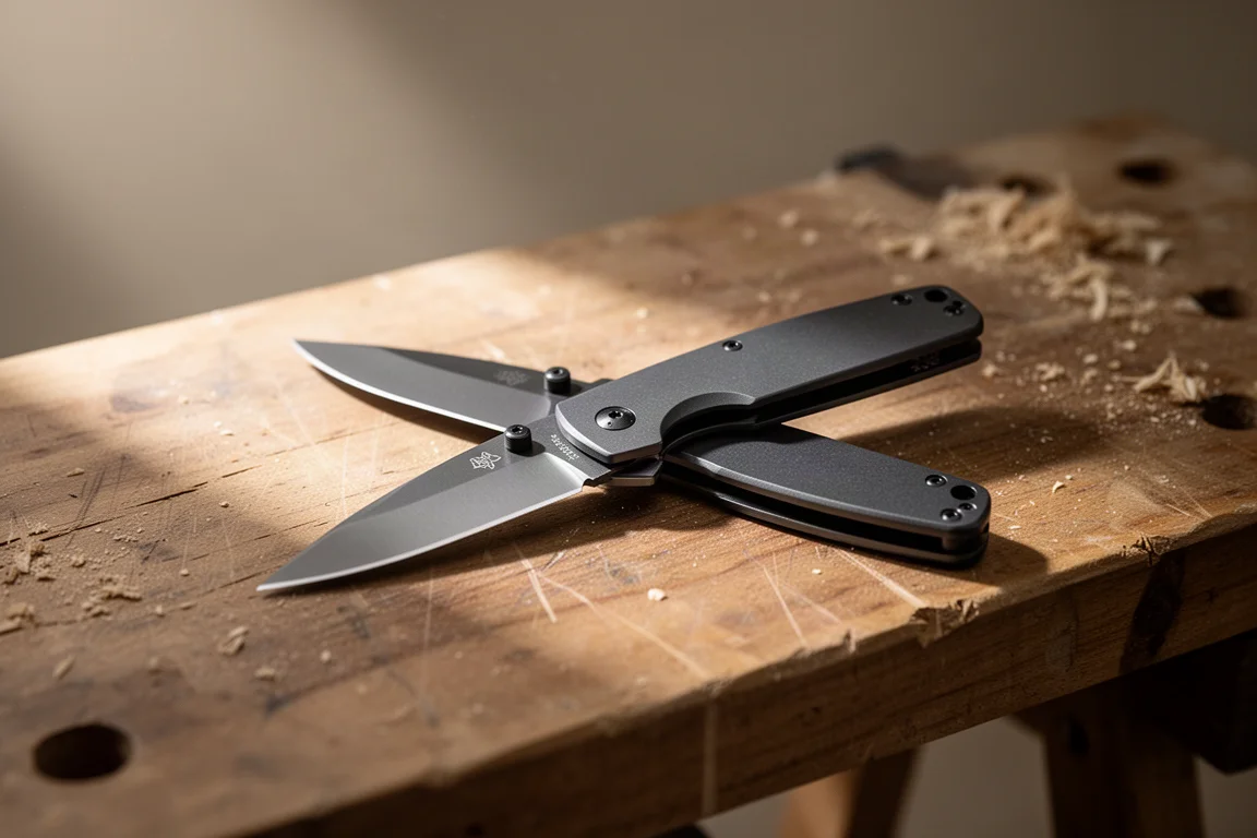 Folding pocket knife resting open on a worn wooden workbench