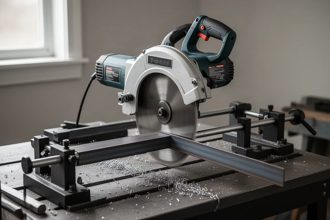 Portable band saw clamped in a metal fabrication setup cutting steel stock