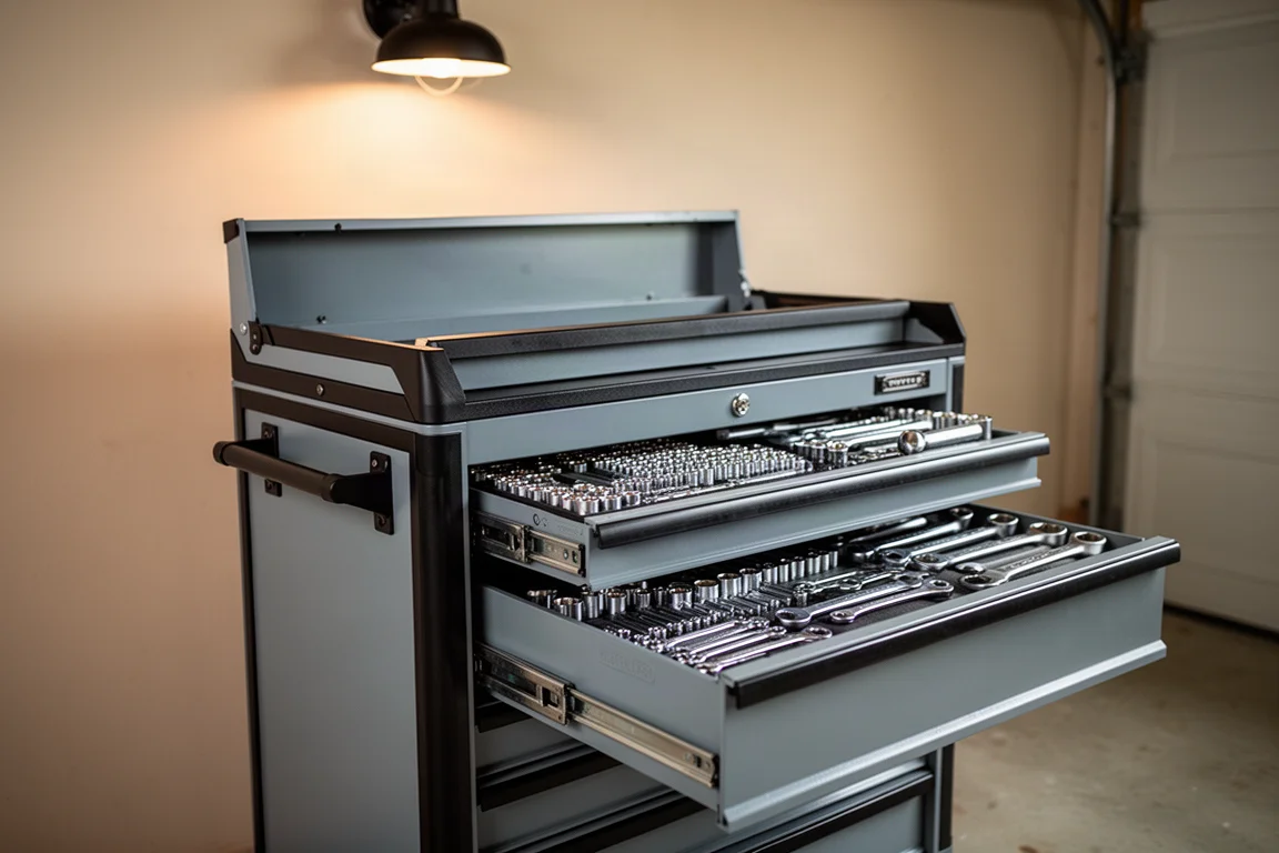 Slate gray rolling tool chest with black trim in a tidy home garage