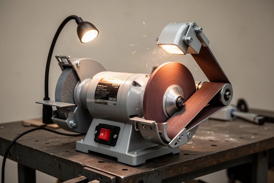 Bench grinder and belt sander combo on a workbench with LED work light glowing
