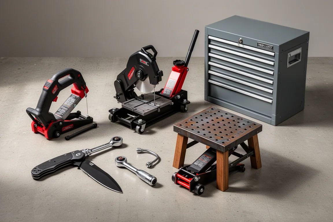 Workshop tools arranged on a concrete surface including a pocket knife, ratchet, band saw, jack, welding table, and tool chest