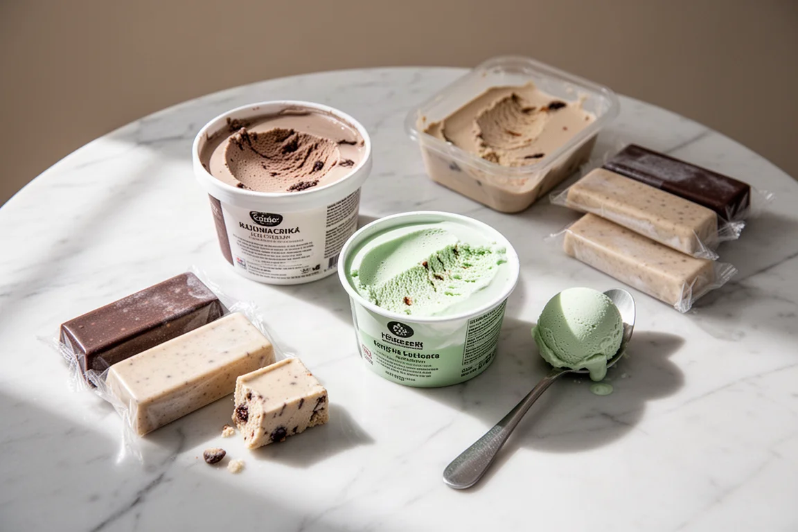 Assorted ice cream tubs and bars arranged on a bright table with spoons