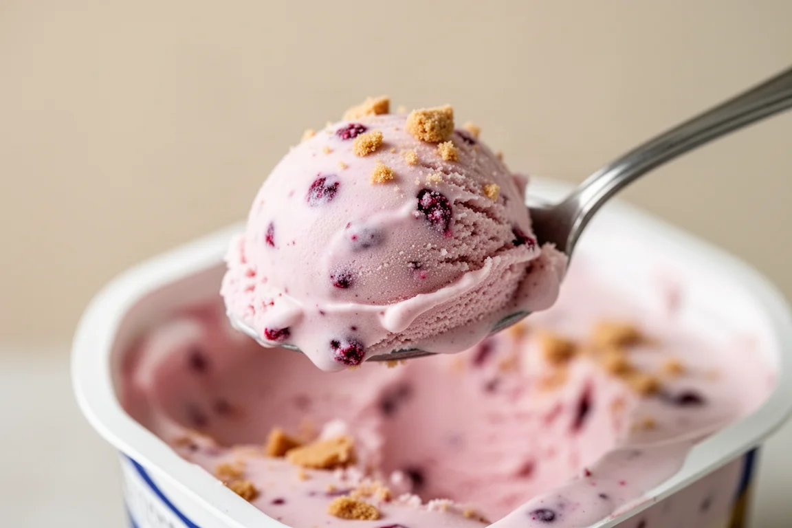 Spoon lifting a bite of berry cheesecake-style ice cream from a tub
