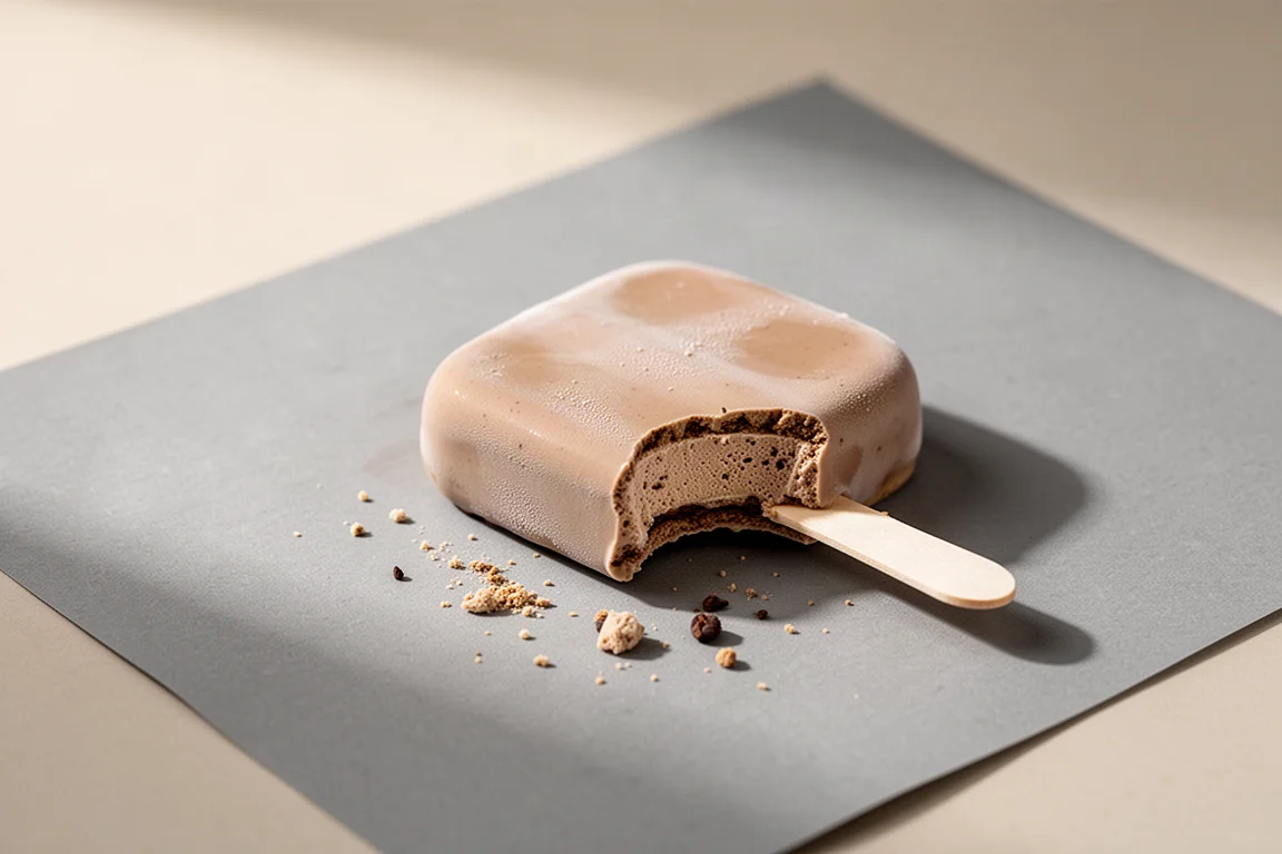 Coffee ice cream bar on a stick with a bite taken out, on a neutral surface