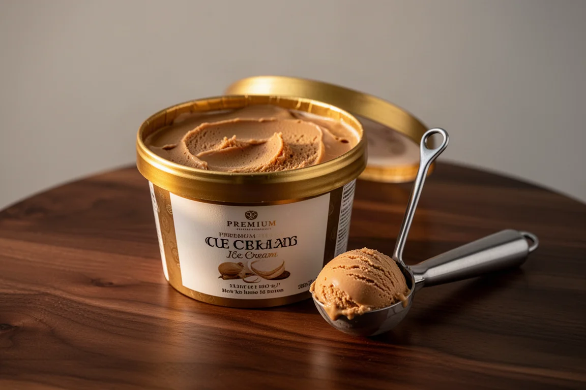 Open premium ice cream tub with a scoop resting on top on a dark table