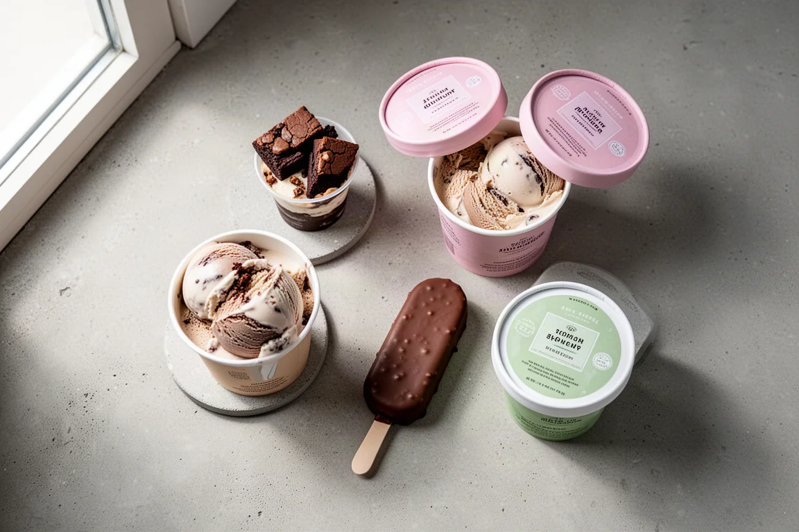 Assorted ice cream tubs, cups, and bars arranged on a concrete surface