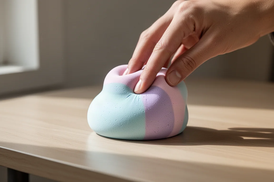 A soft pastel eraser being pressed into a squishy shape on a desk