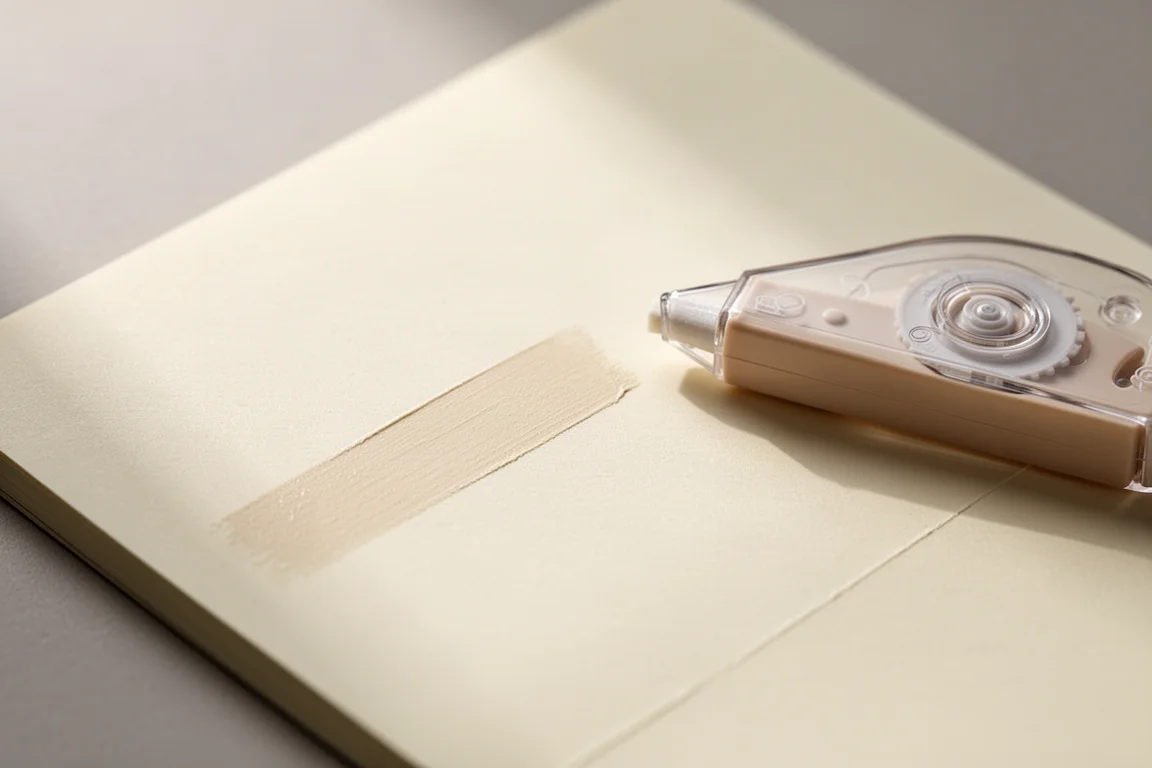 Correction tape swatch blending seamlessly into cream notebook paper