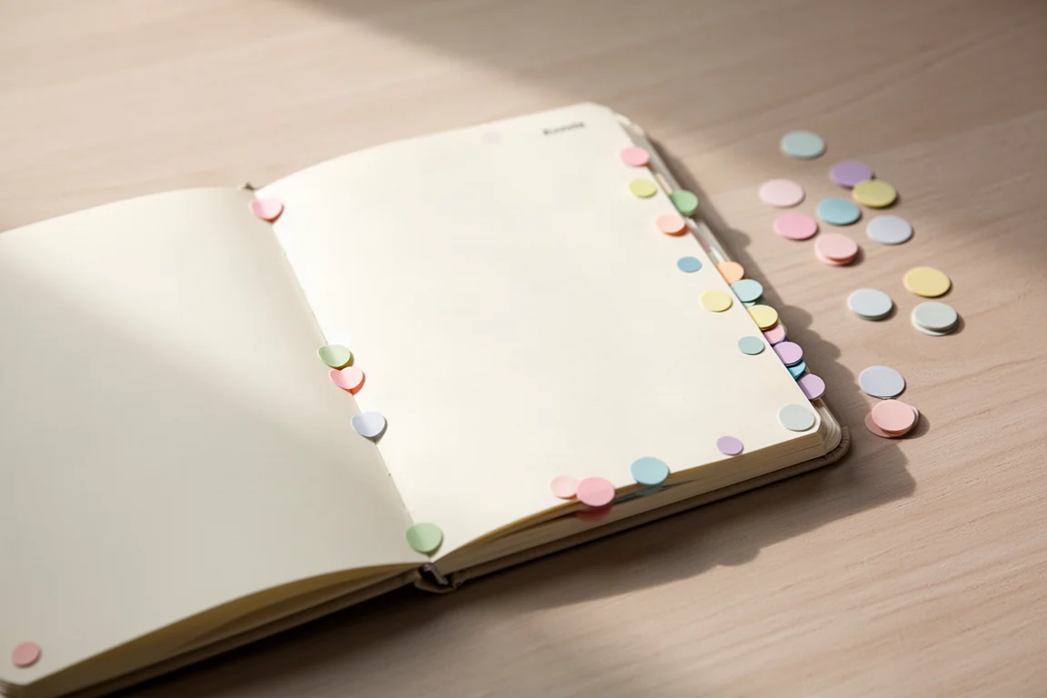 Small pastel dot stickers used as page markers in an open notebook
