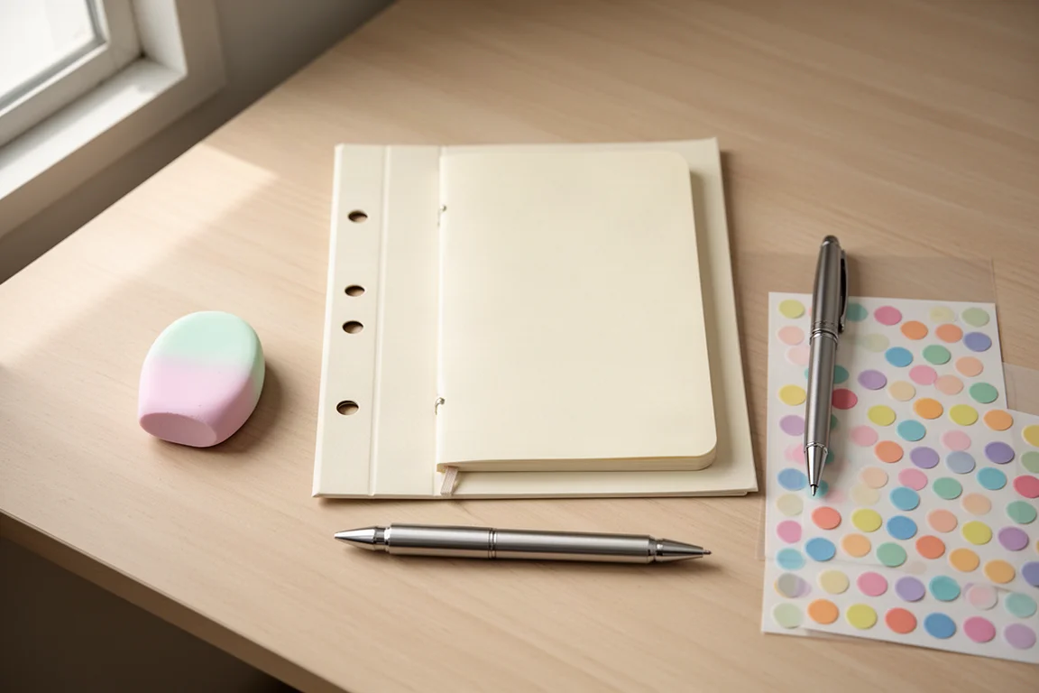 Flat-lay arrangement of Japanese stationery items on a light wood desk
