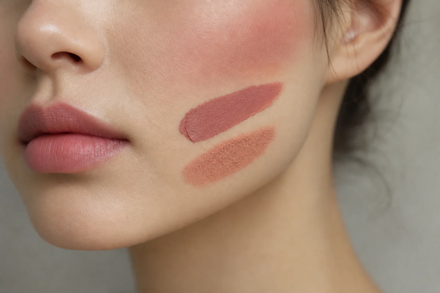 Close-up of lip and cheek product swatches on skin showing texture