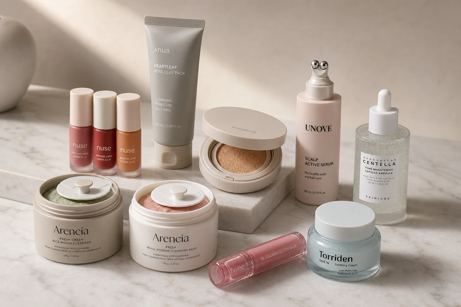 Collection of ten Korean beauty products arranged on marble surface
