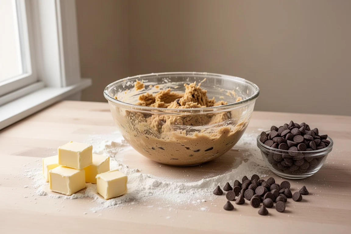 Baking ingredients and cookie dough being mixed in a home kitchen